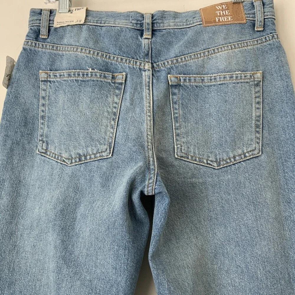 We The Free Maggie Mid Rise Straight Leg Distressed Jeans Blue 28